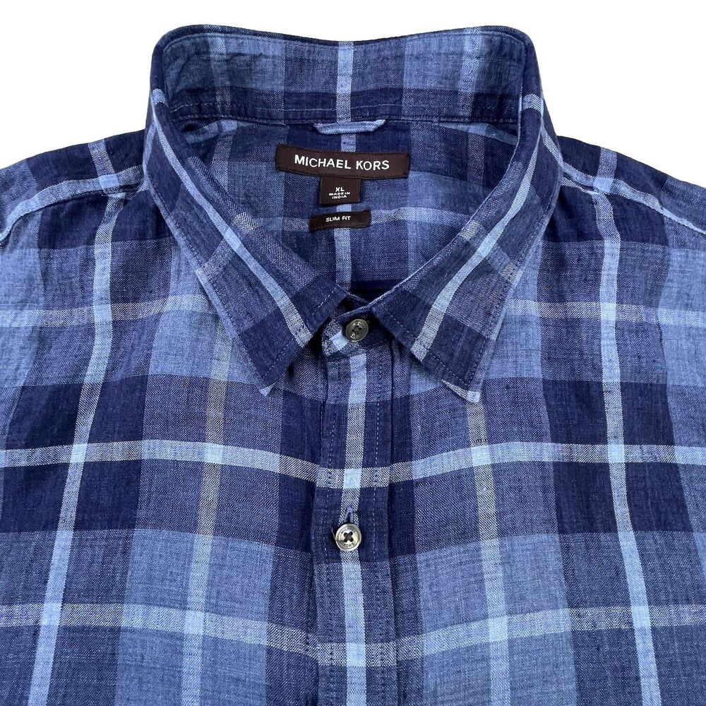 Michael Kors Linen Shirt Mens XL Blue Plaid Slim Fit Long Sleeve Button
